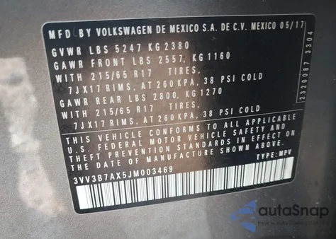 2018 Volkswagen Tiguan 2.0T Se/2.0T Sel z USA, uszkodzony, nr VIN 3VV3B7AX5JM003469